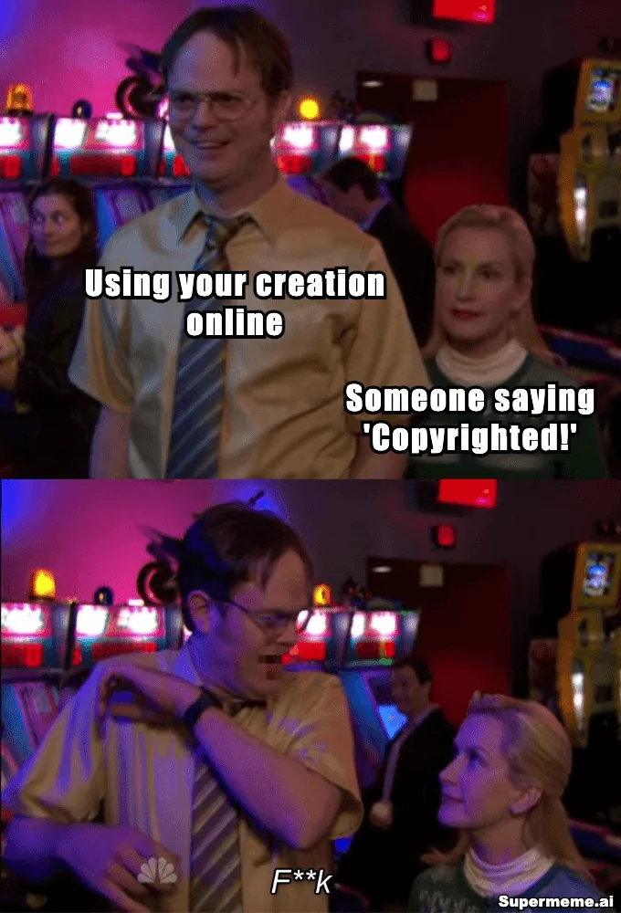 Dwight and Angela beside slot machines, labelled Using your creation online and Someone saying Copyrighted, followed by a censored expletive and a Supermeme.ai watermark