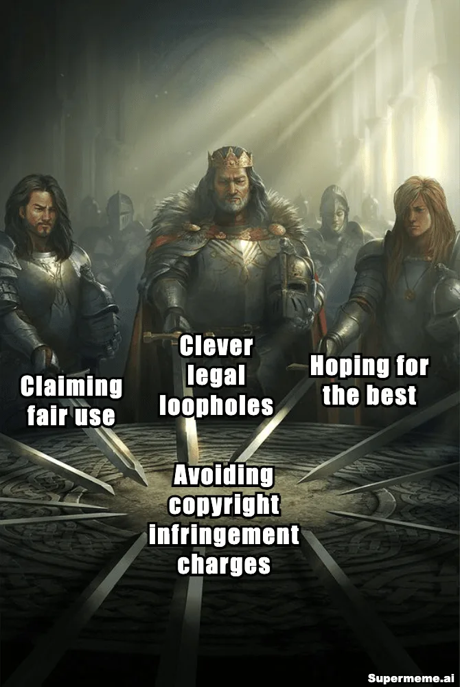 Three armoured figures point swords labelled Claiming fair use, Clever legal loopholes and Hoping for the best toward Avoiding copyright infringement charges, with a Supermeme.ai watermark