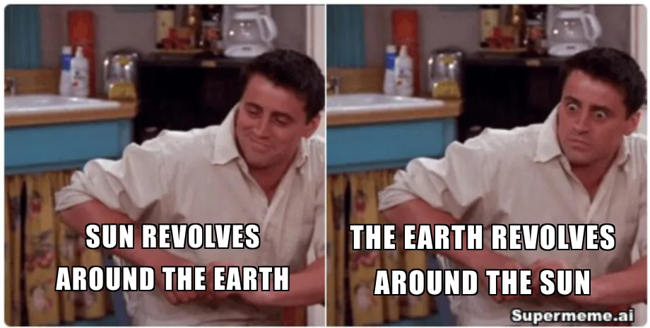 Joey from Friends smiles beside “Sun revolves around the Earth” and looks startled beside “The Earth revolves around the Sun.”