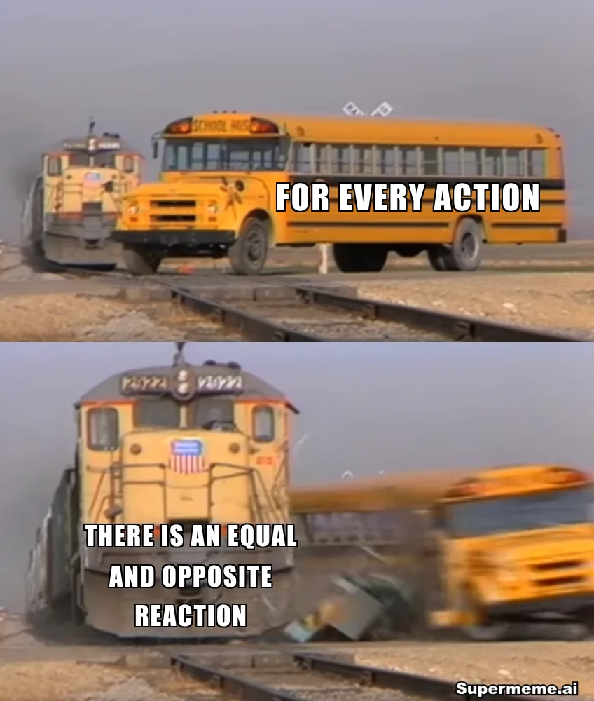 Two panels show a school bus on railway tracks and a train striking it, beside “For every action” and “There is an equal and opposite reaction.”